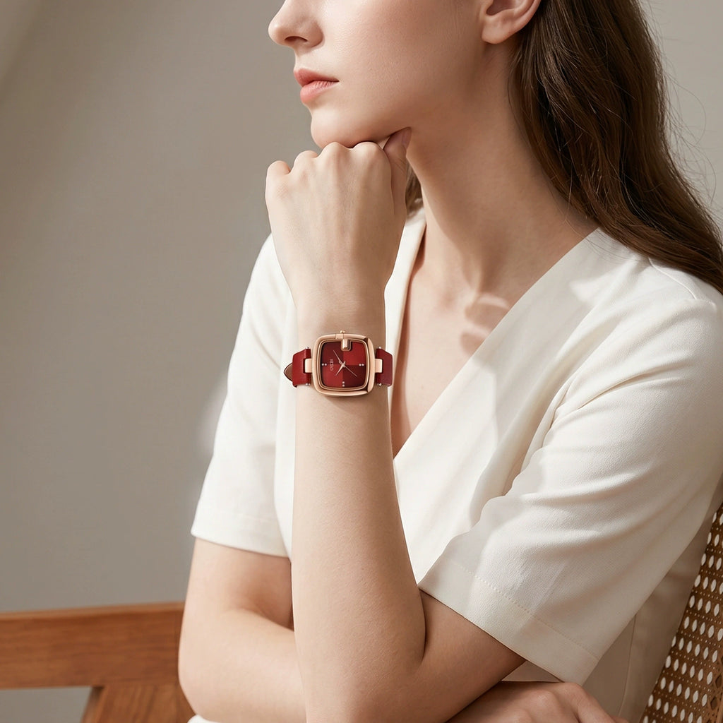 GEDI Women's Square Watch 36mm | Rose Gold Cushion Case & Deep Red Geometric Dial