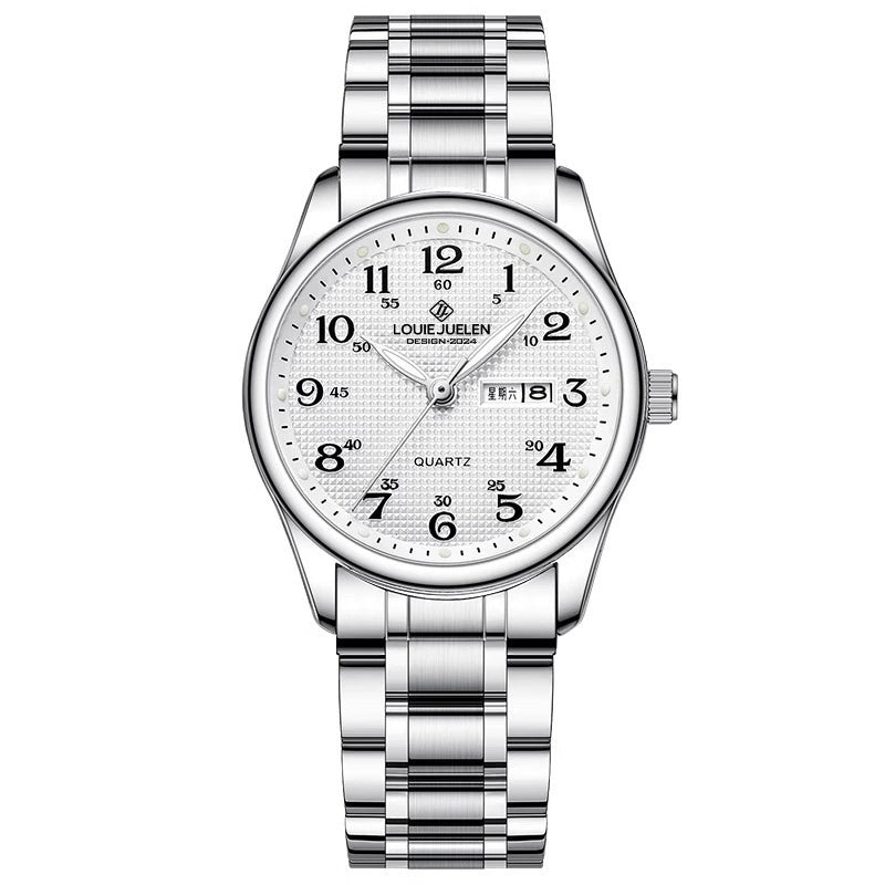 LOUIE JUELEN Classic Steel Watch 42mm | Bold Arabic Dial & Dual Day-Date Display