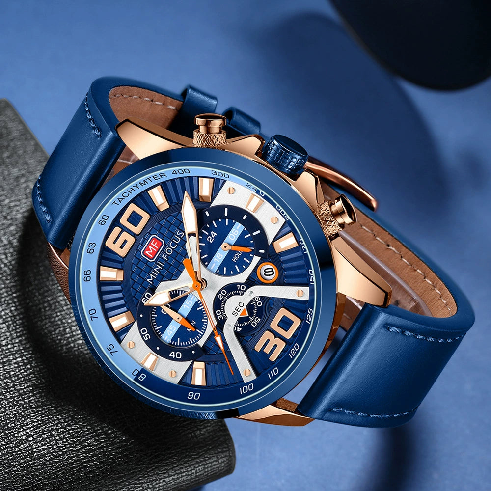MINI FOCUS Sport Chronograph Watch 50mm | Navy Blue & Rose Gold Men's Timepiece