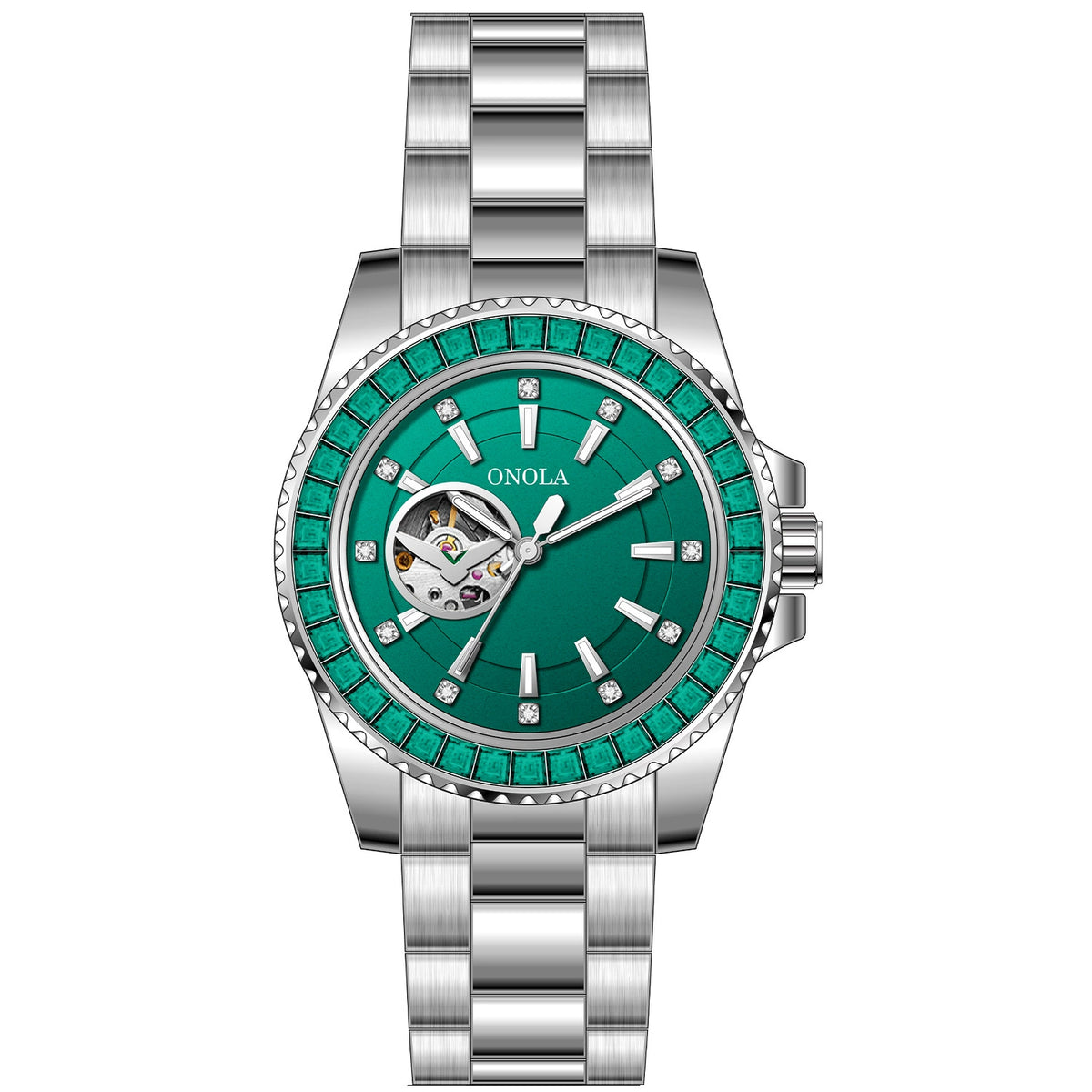 ONOLA Automatic Watch 44mm | Emerald Gem Bezel & Open-Heart Green Dial
