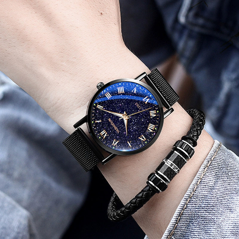 YASHIDUN Starry Sky Watch 41mm | Midnight Galaxy Dial & Black Mesh Bracelet