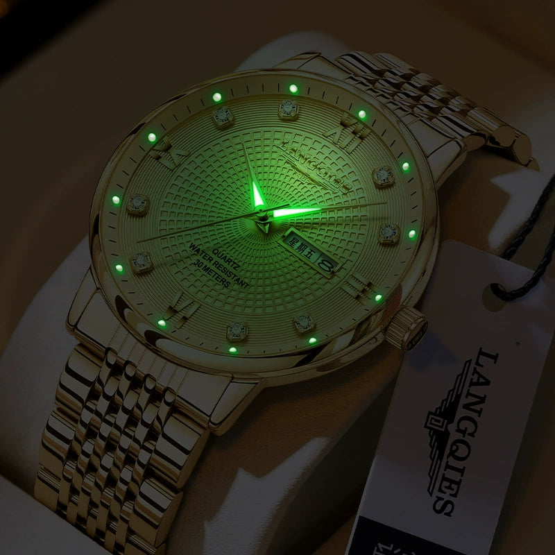 LANGQIES Classic Two-Tone Watch 40mm | Diamond Hour Markers & Dual Calendar