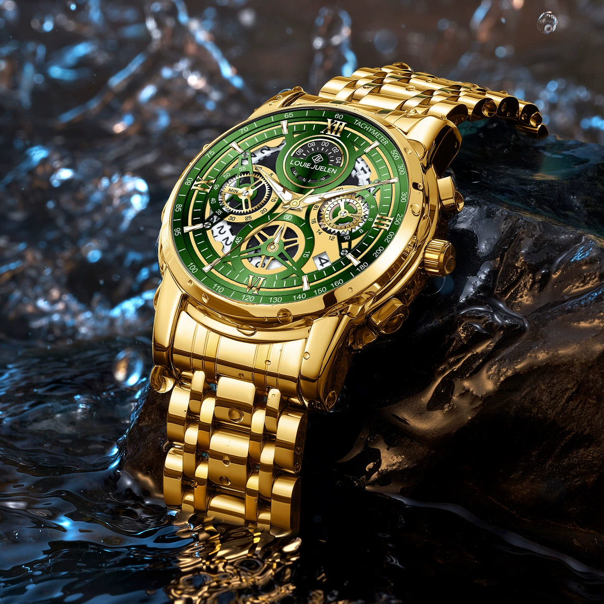 LOUIE JUELEN Luxury Chronograph Watch 42mm | Gold & Emerald Green Skeleton Dial