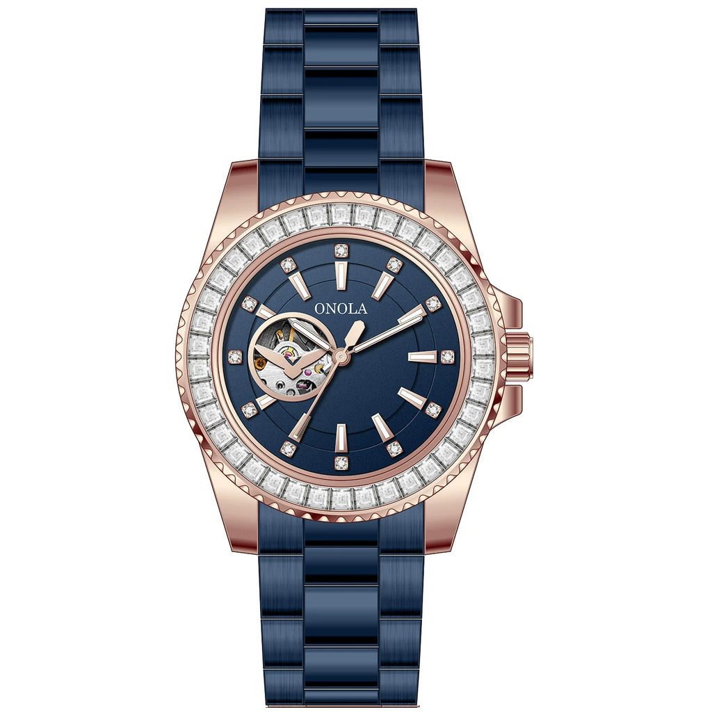 ONOLA Automatic — Steel, Green Baguette Crystal Bezel, Green Skeleton Dial & Steel Bracelet, Men