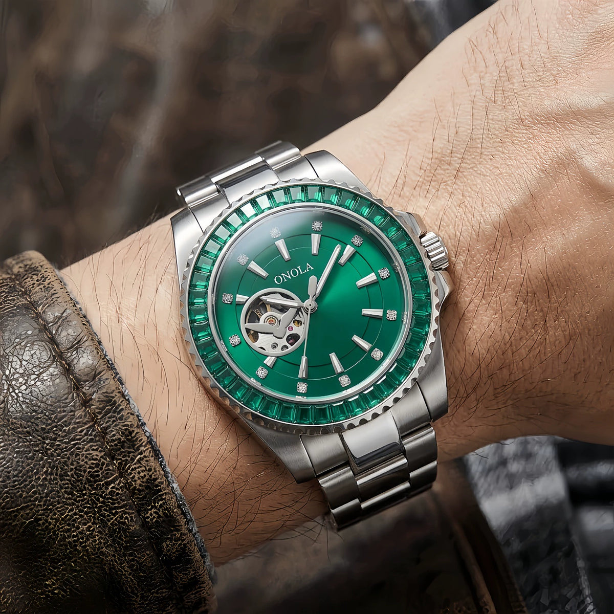 ONOLA Automatic Watch 44mm | Emerald Gem Bezel & Open-Heart Green Dial