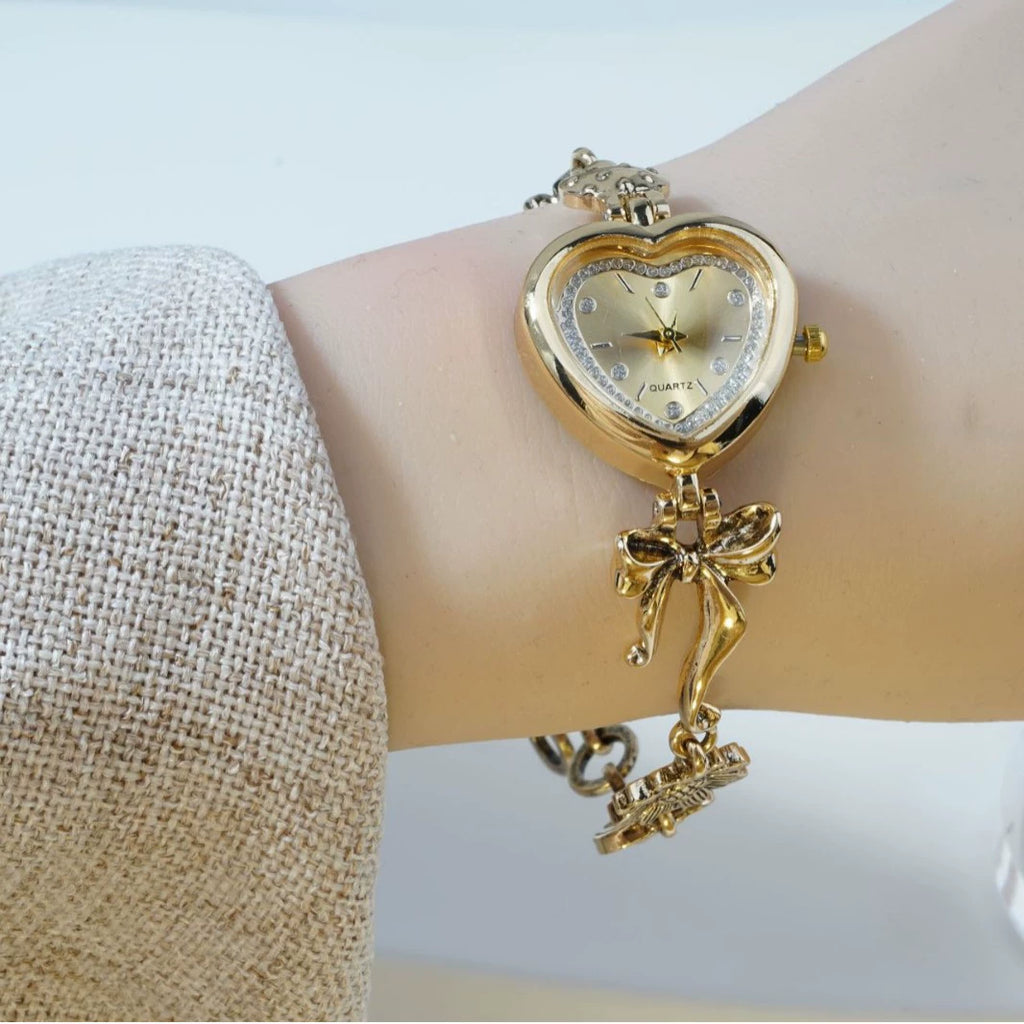 Women's Heart-Shaped Charm Bracelet Watch 37mm | Gold Fairy & Floral Chain Timepiece