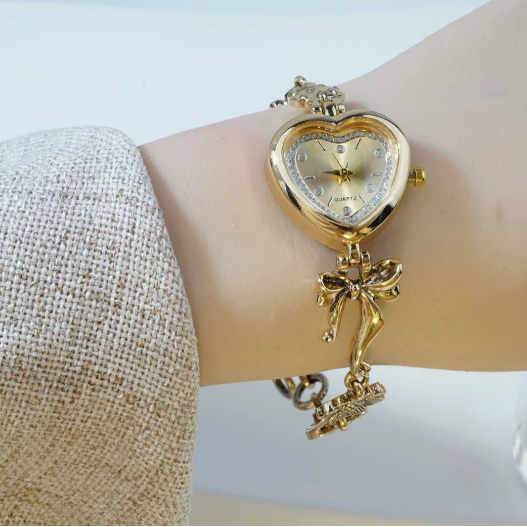 Women's Heart-Shaped Charm Bracelet Watch 37mm | Gold Fairy & Floral Chain Timepiece