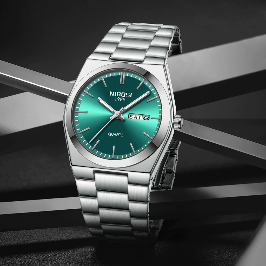 NIBOSI 1985 Classic Tonneau Watch 37mm | Emerald Green Sunray Dial & Brushed Steel Bracelet