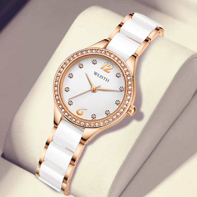 Women's Luxury Ceramic Watch 36mm | Gold & White Two-Tone Bracelet with Rose Pink Dial