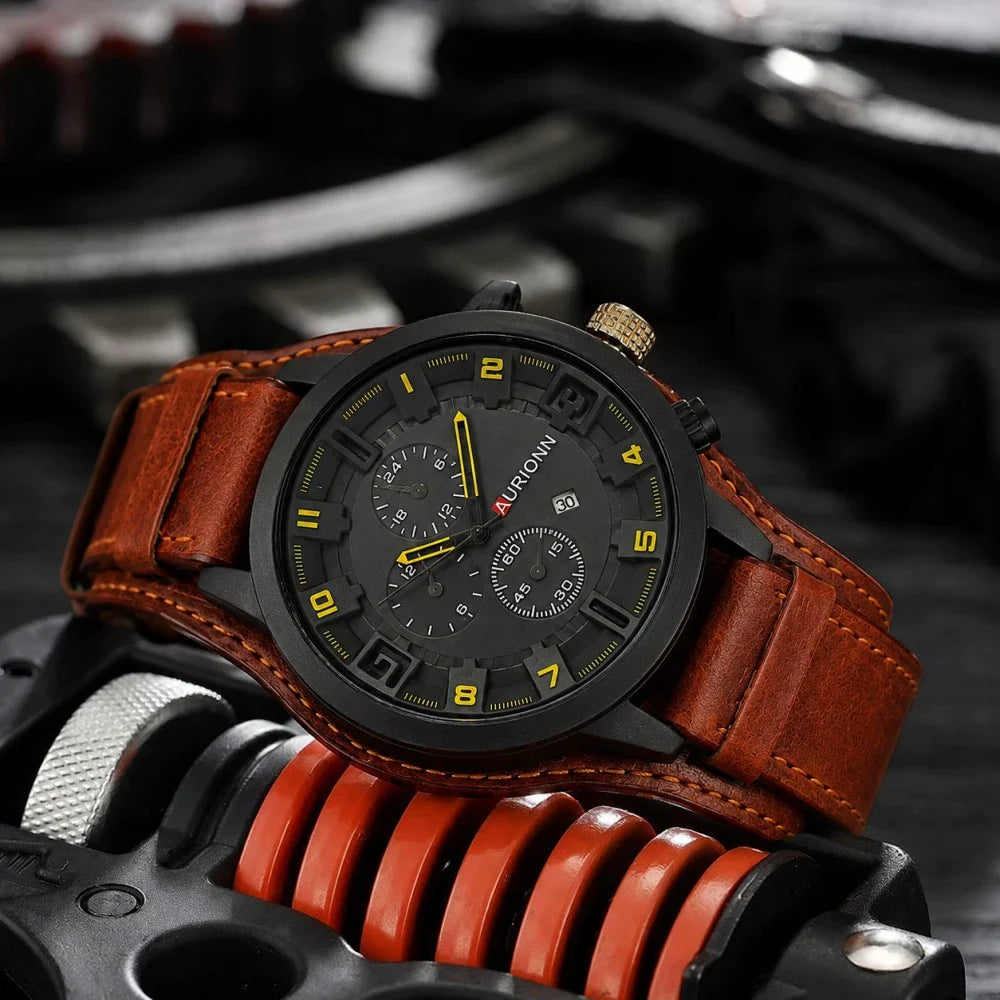 AURIONN Men's Military Chronograph – Grey Dial Wide Leather Strap