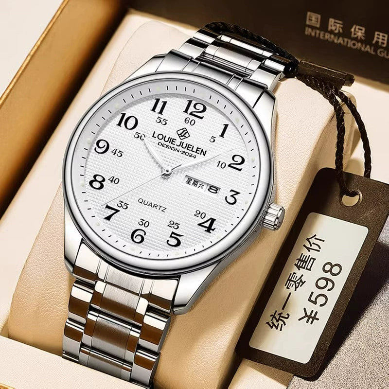 LOUIE JUELEN Classic Steel Watch 42mm | Bold Arabic Dial & Dual Day-Date Display
