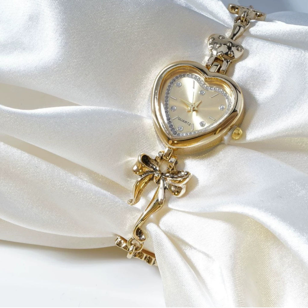 Women's Heart-Shaped Charm Bracelet Watch 37mm | Gold Fairy & Floral Chain Timepiece
