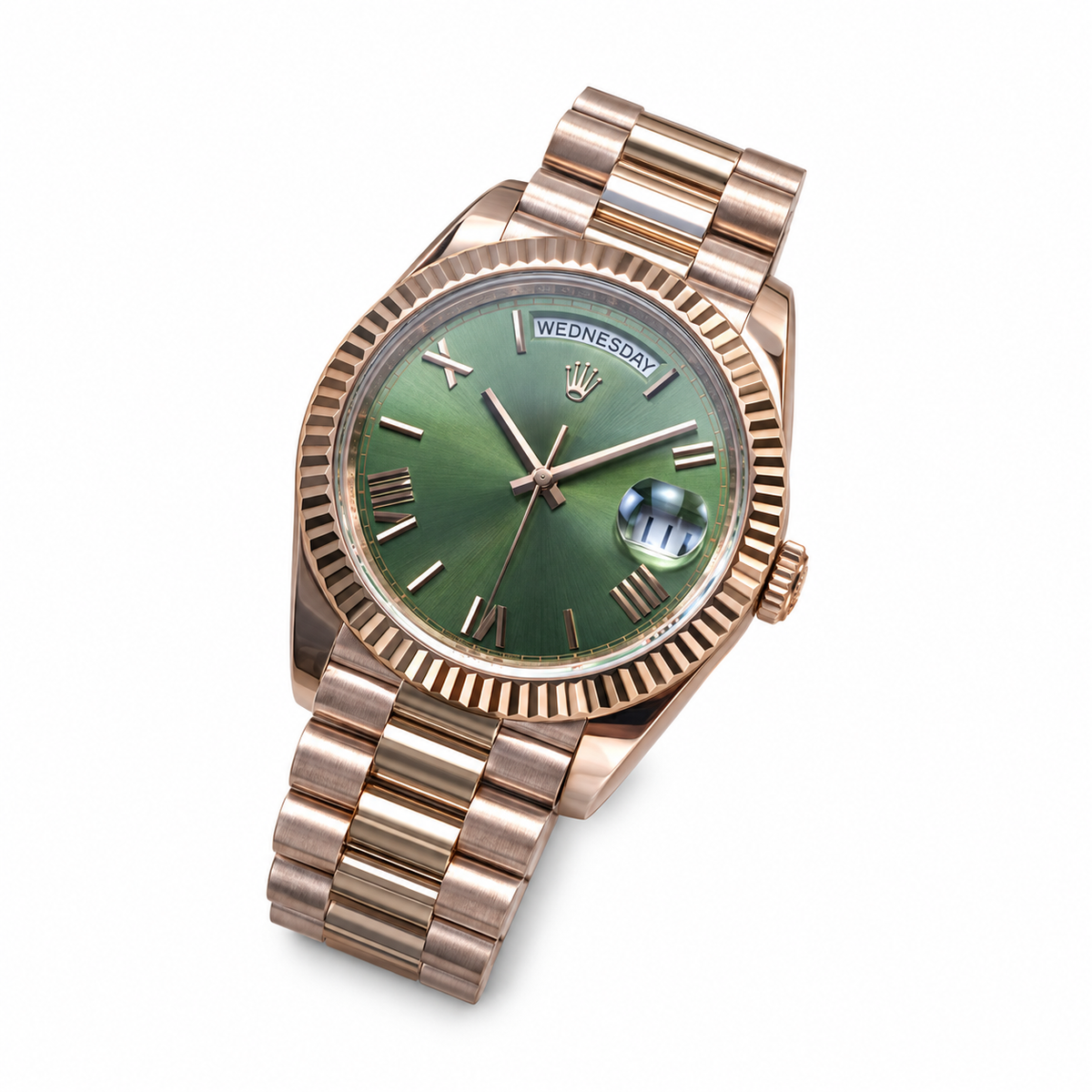 Rolex Day-Date Olive Green Roman Numeral Dial Fluted Bezel President Bracelet Rose Gold