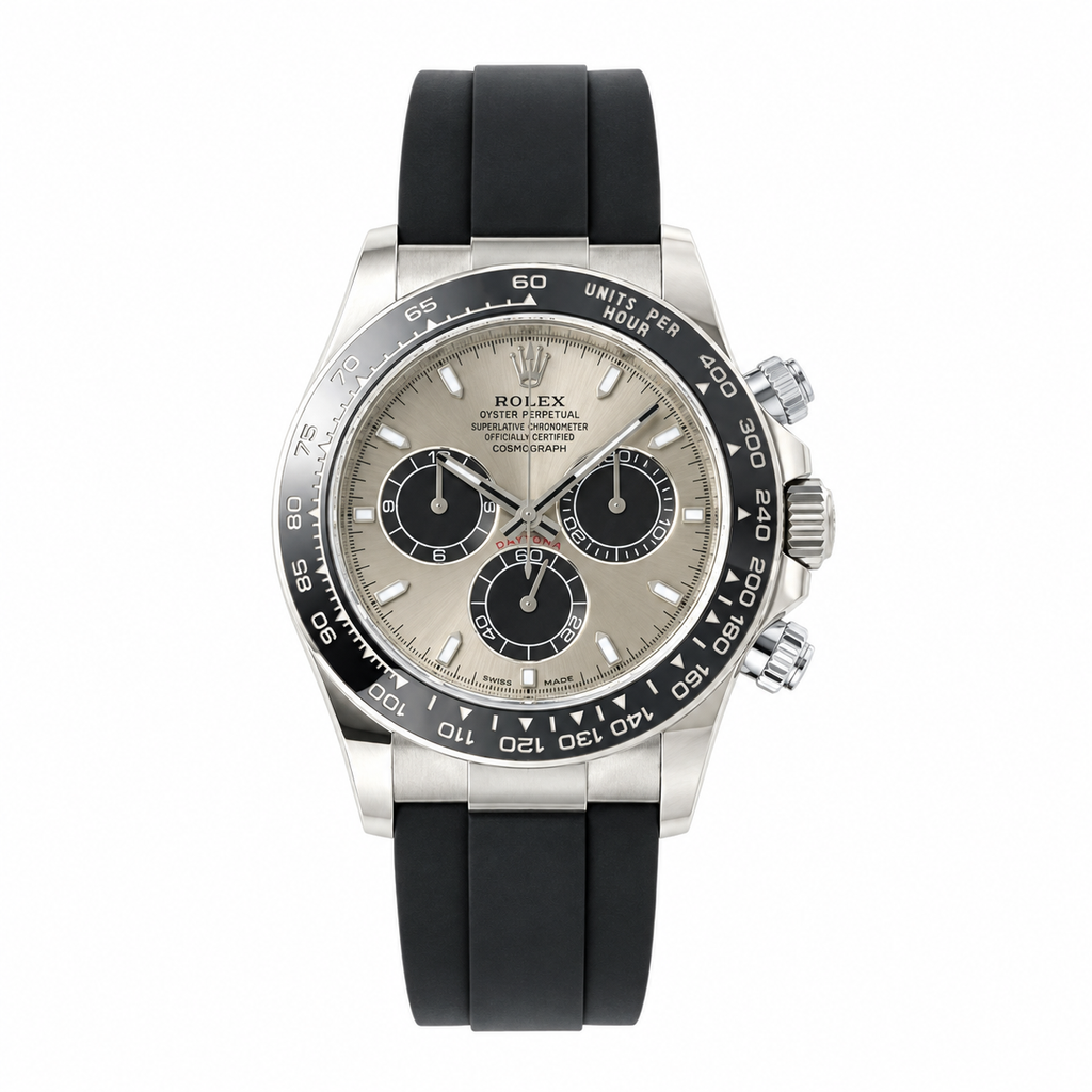 Rolex Cosmograph Daytona White Gold Black Ceramic Bezel Silver Dial Black Sub-dials Oysterflex Watch