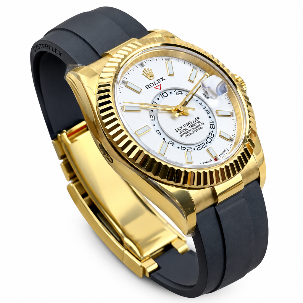 Rolex Sky-Dweller Yellow Gold Fluted Bezel White Dial Oysterflex Watch