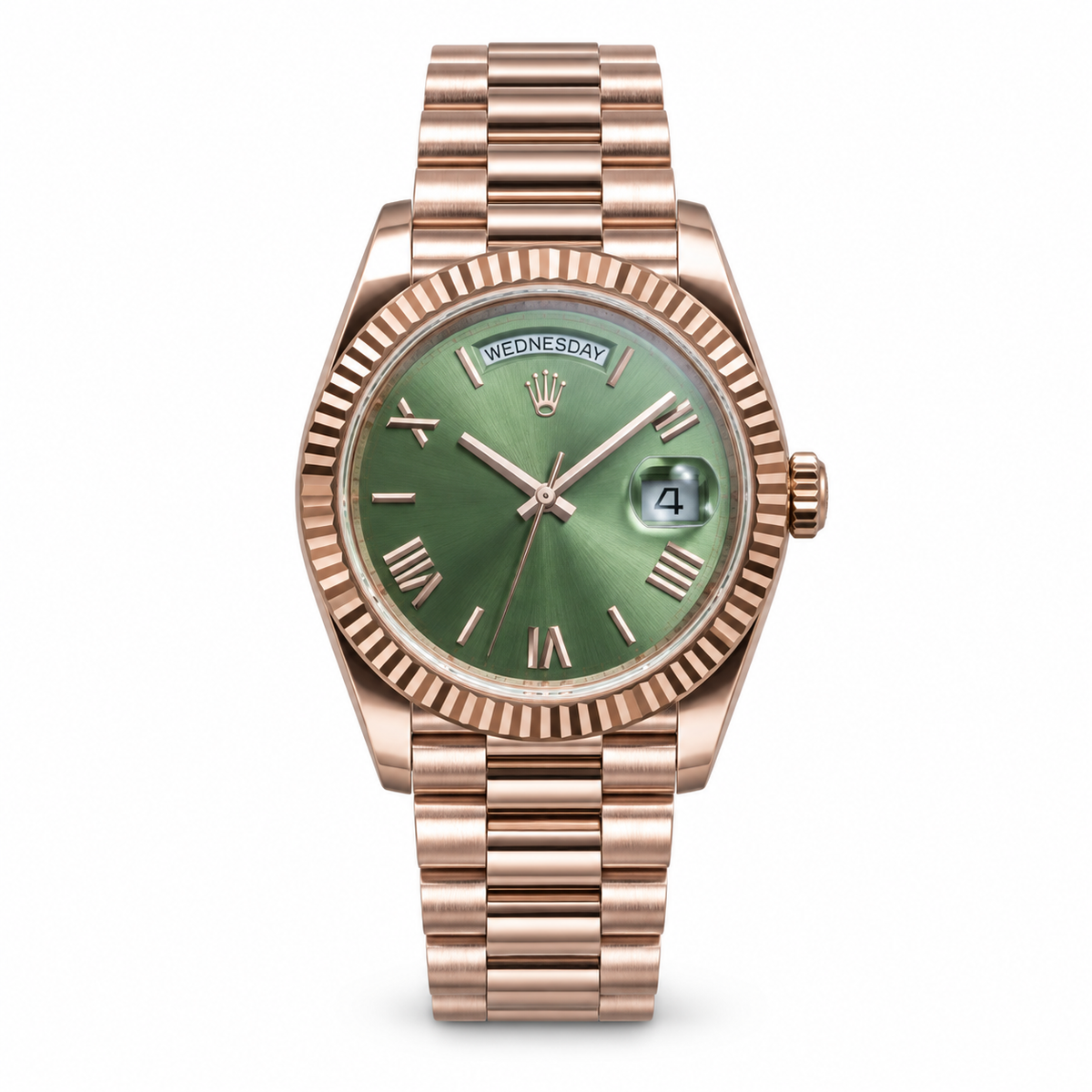 Rolex Day-Date Olive Green Roman Numeral Dial Fluted Bezel President Bracelet Rose Gold