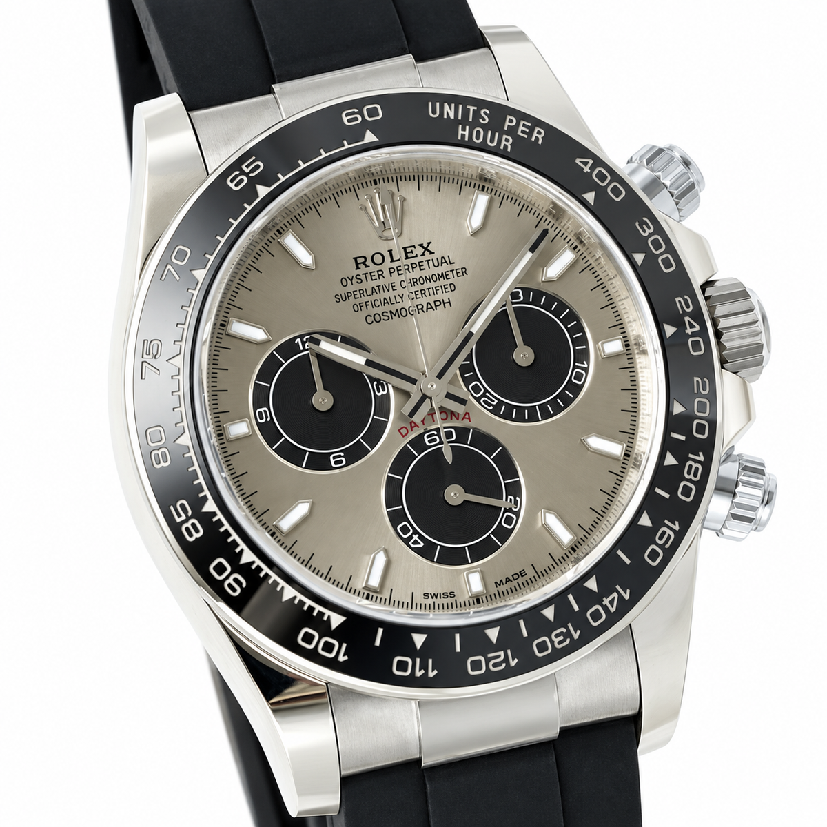 Rolex Cosmograph Daytona White Gold Black Ceramic Bezel Silver Dial Black Sub-dials Oysterflex Watch