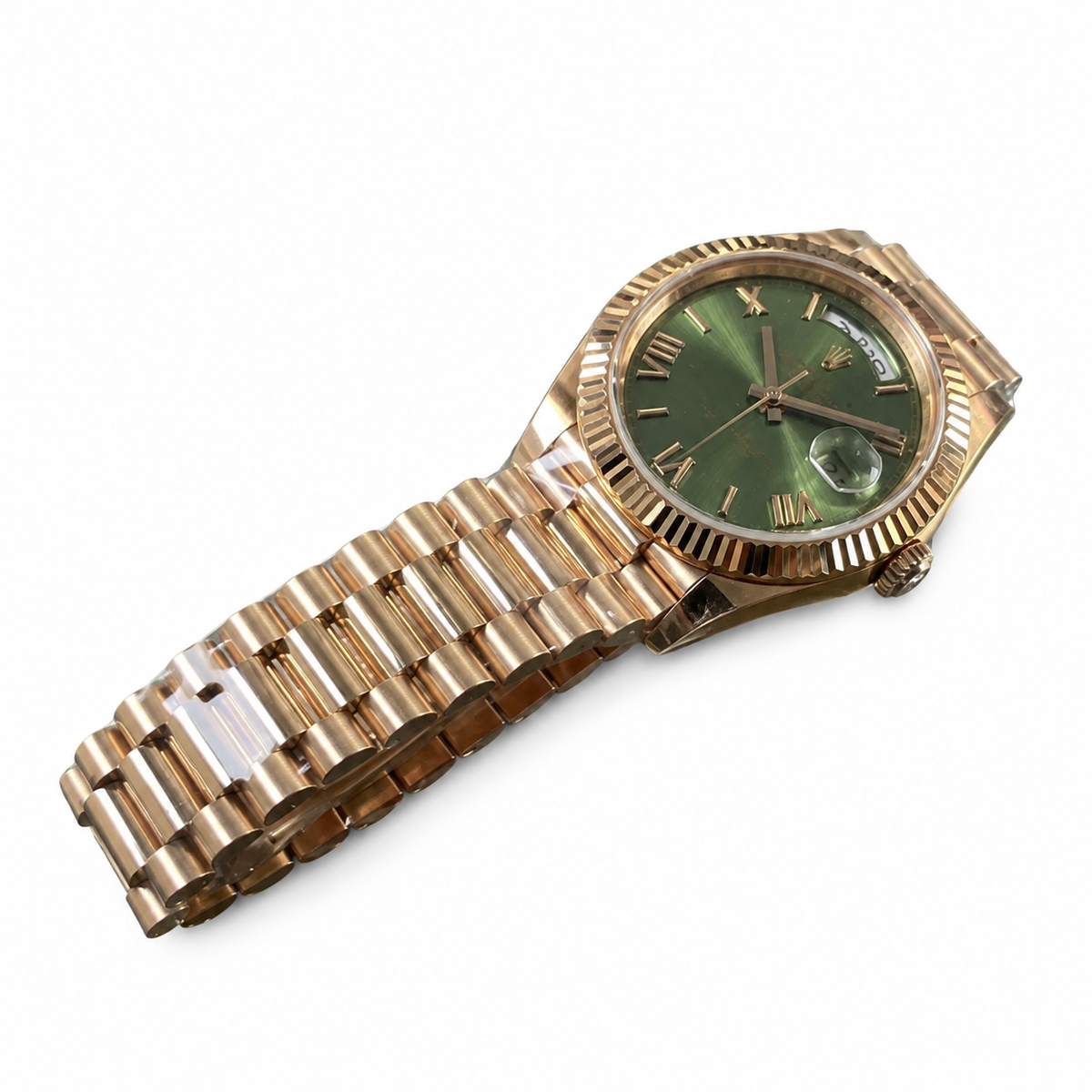 Rolex Day-Date Olive Green Roman Numeral Dial Fluted Bezel President Bracelet Rose Gold