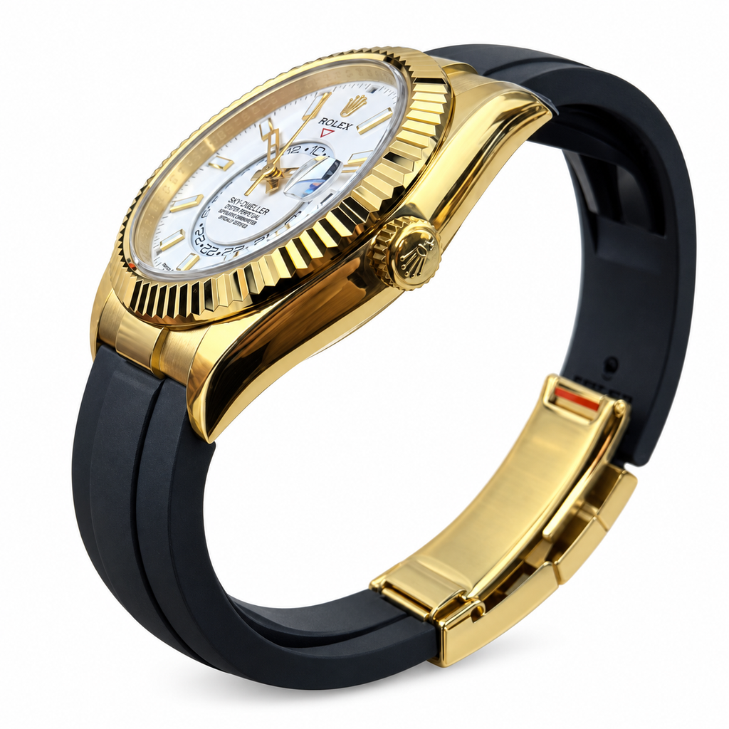 Rolex Sky-Dweller Yellow Gold Fluted Bezel White Dial Oysterflex Watch
