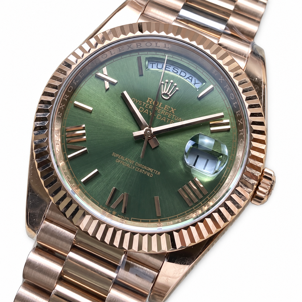 Rolex Day-Date Olive Green Roman Numeral Dial Fluted Bezel President Bracelet Rose Gold