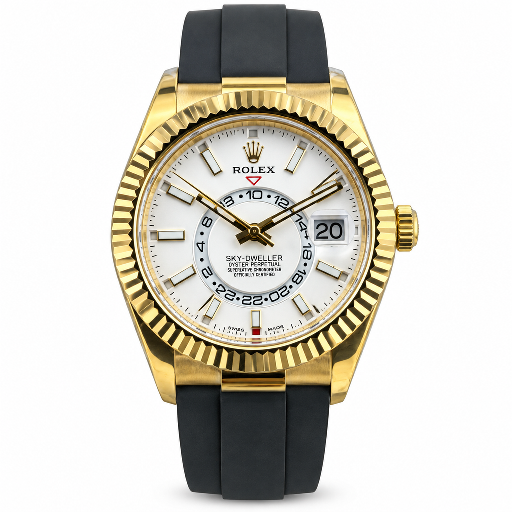 Rolex Sky-Dweller Yellow Gold Fluted Bezel White Dial Oysterflex Watch