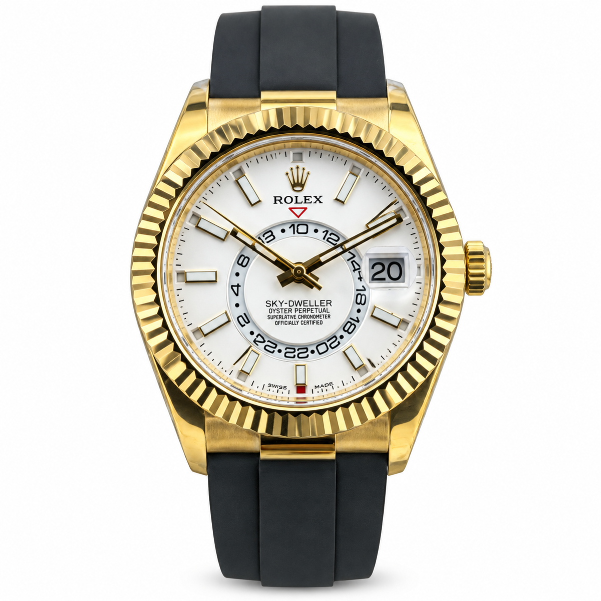 Rolex Sky-Dweller Yellow Gold Fluted Bezel White Dial Oysterflex Watch