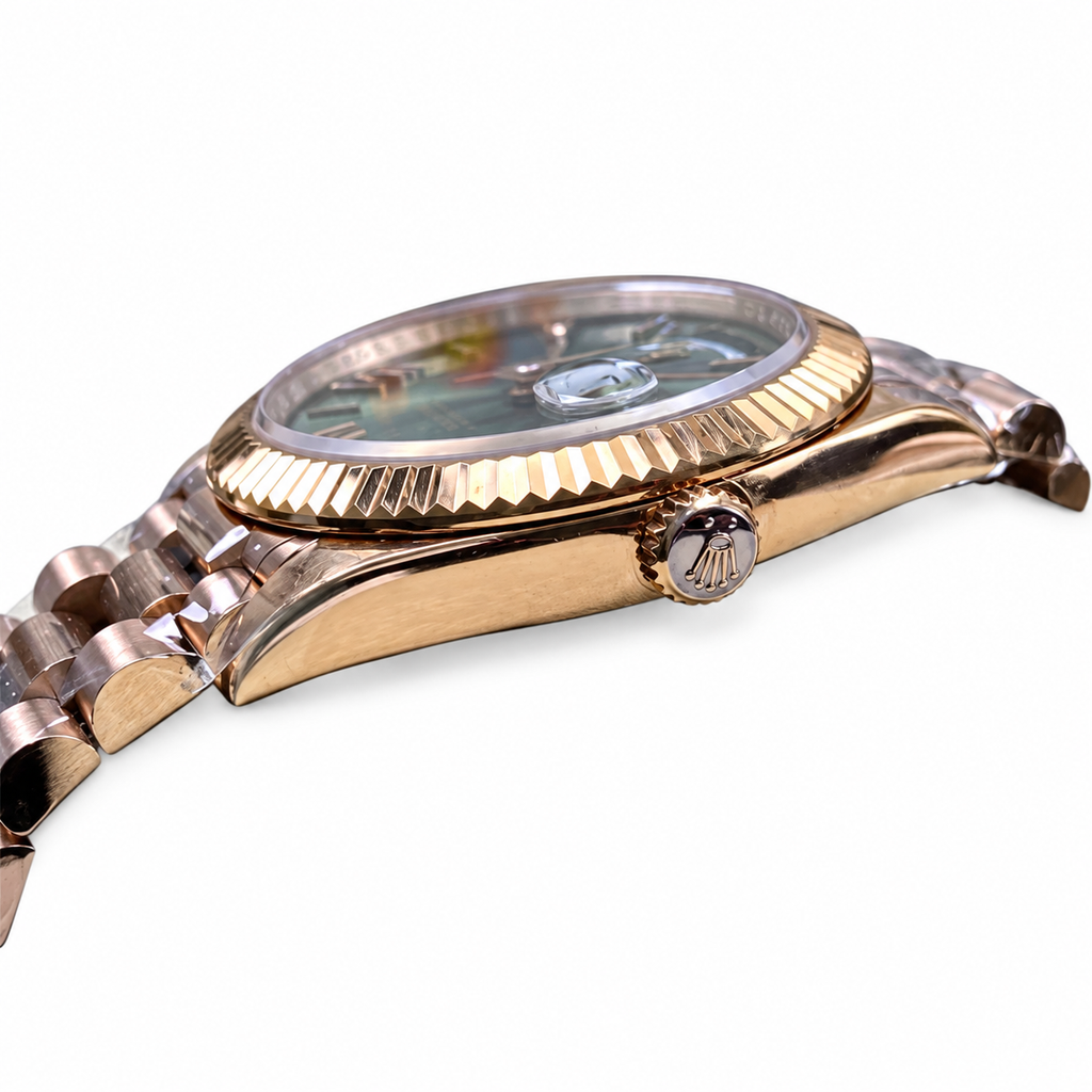 Rolex Day-Date Olive Green Roman Numeral Dial Fluted Bezel President Bracelet Rose Gold