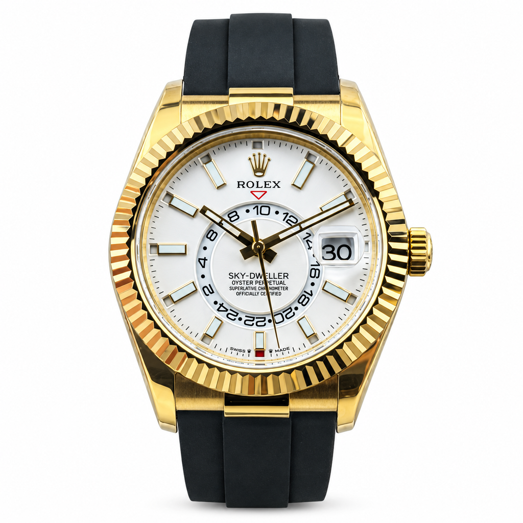 Rolex Sky-Dweller Yellow Gold Fluted Bezel White Dial Oysterflex Watch