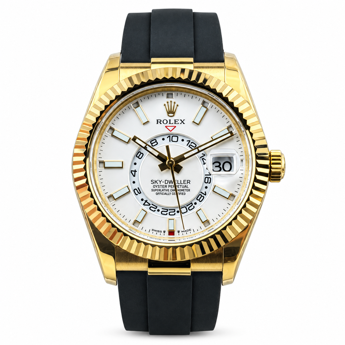 Rolex Sky-Dweller Yellow Gold Fluted Bezel White Dial Oysterflex Watch