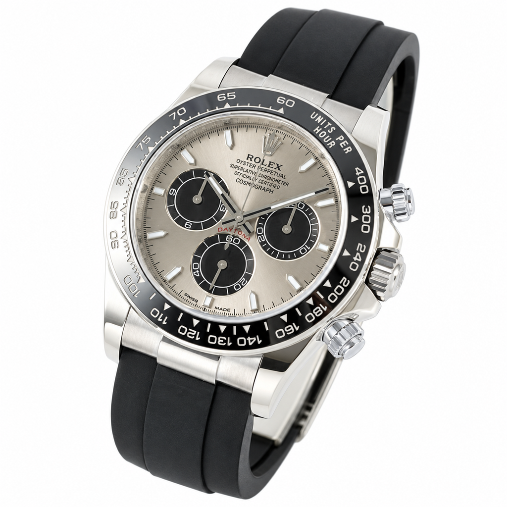 Rolex Cosmograph Daytona White Gold Black Ceramic Bezel Silver Dial Black Sub-dials Oysterflex Watch