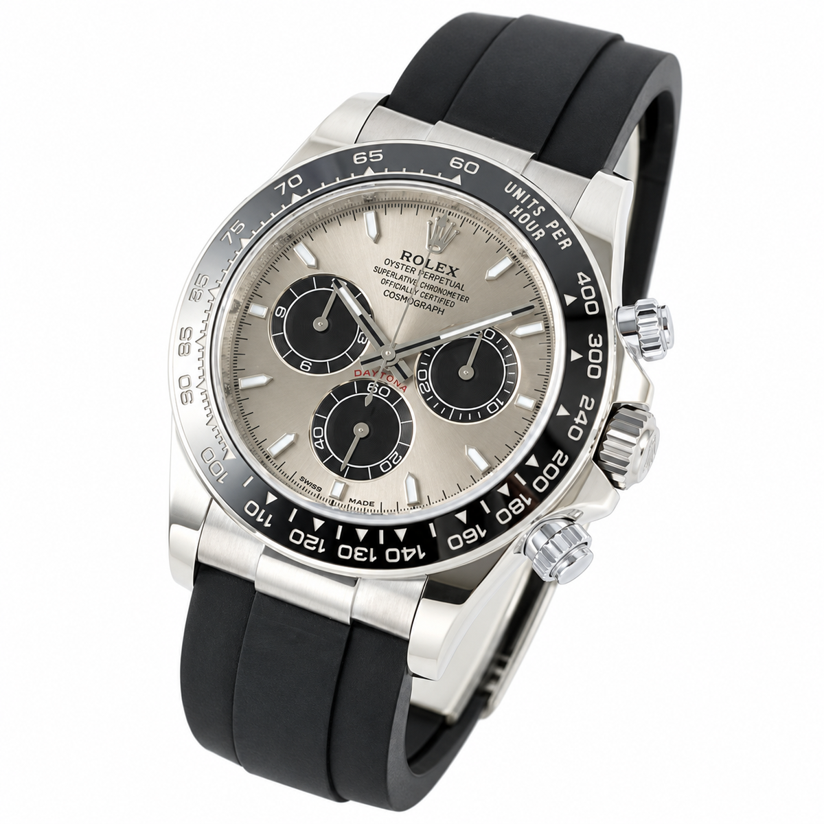 Rolex Cosmograph Daytona White Gold Black Ceramic Bezel Silver Dial Black Sub-dials Oysterflex Watch